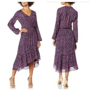 NEW Parker Elizabeth Ruffle Hi Lo Midi Dress Long Sleeve in Tanzanite Women's XS